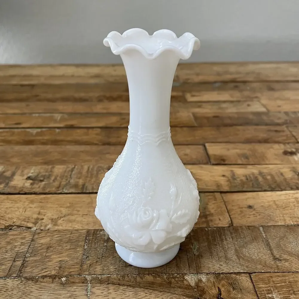 Imperial Milk Glass Bud Vase Embossed Roses Ruffled Scalloped Rim
